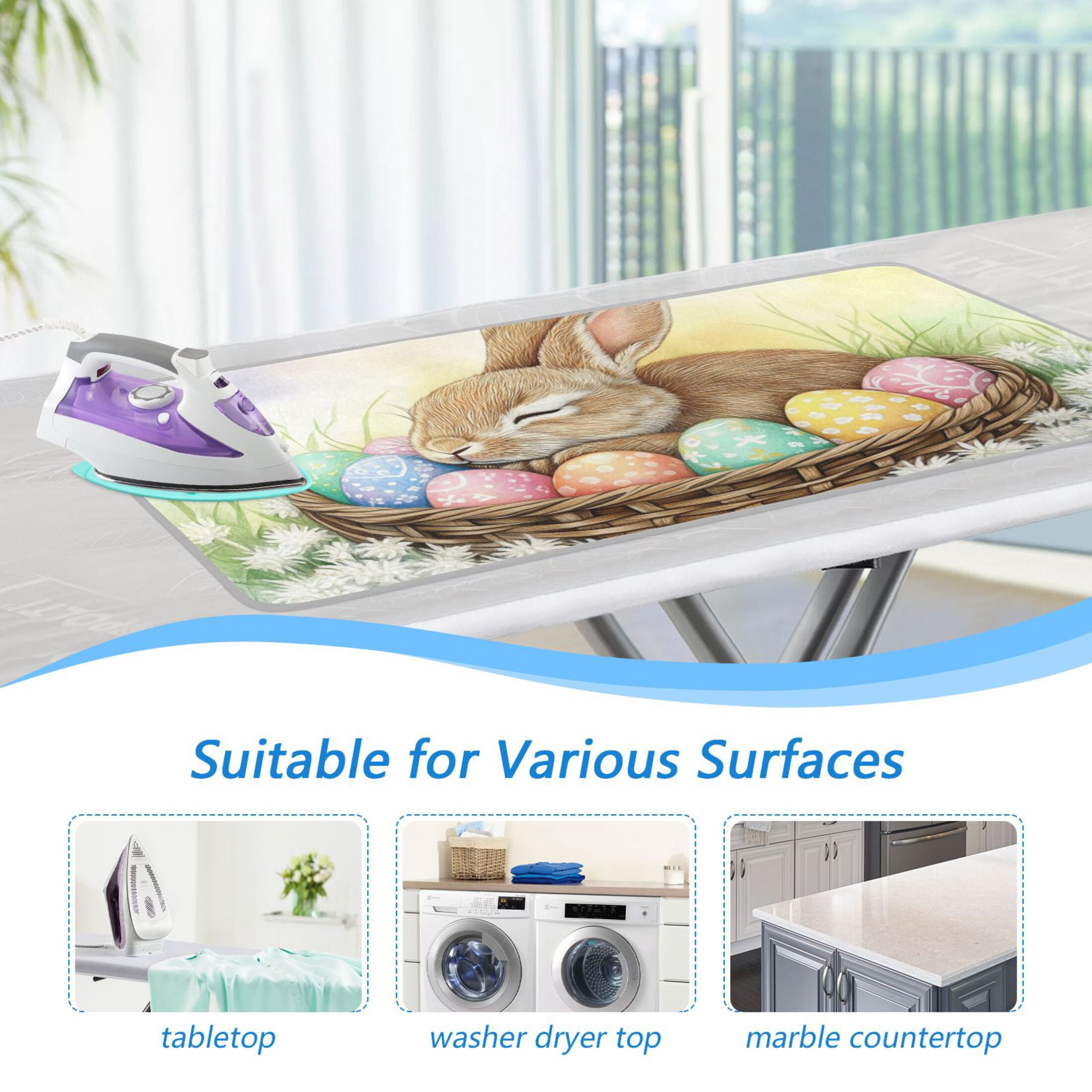 Rabbit Sleeping in Easter Basket Eggs Ironing Mat Blanket Portable Travel Ironing Pad Heat Resistant Pad 47.2" x 27.6”