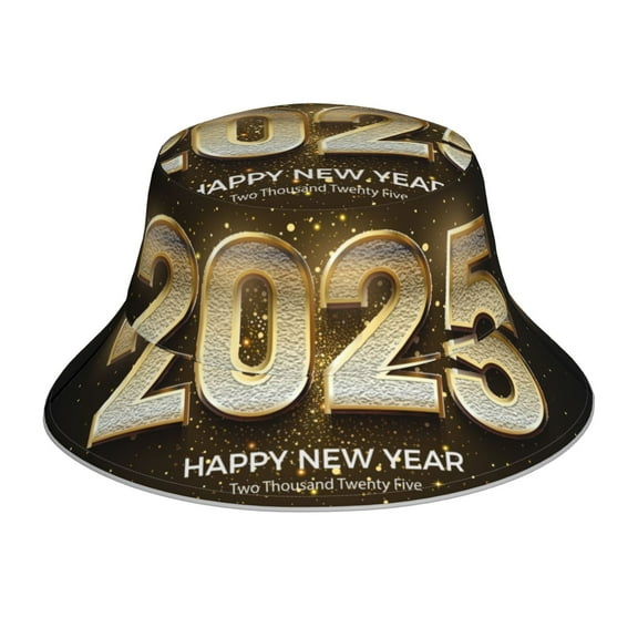 KLL Happy New Year 2025 E Bucket Hat for Women Men Packable Travel Beach Sun Hat Outdoor Rave Accessories Reflective Fisherman Cap