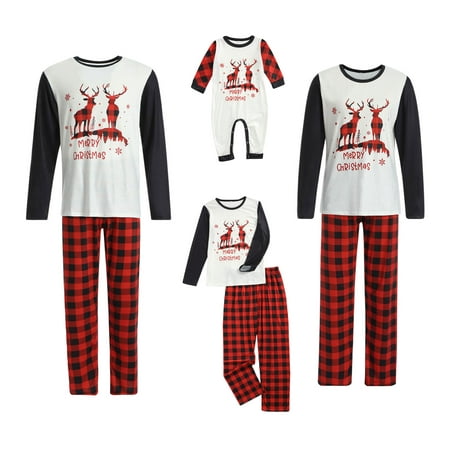 

Canis Matching Family Pajamas Sets Christmas PJs with Deer Long Sleeve Tee and Plaid Pants Loungewear