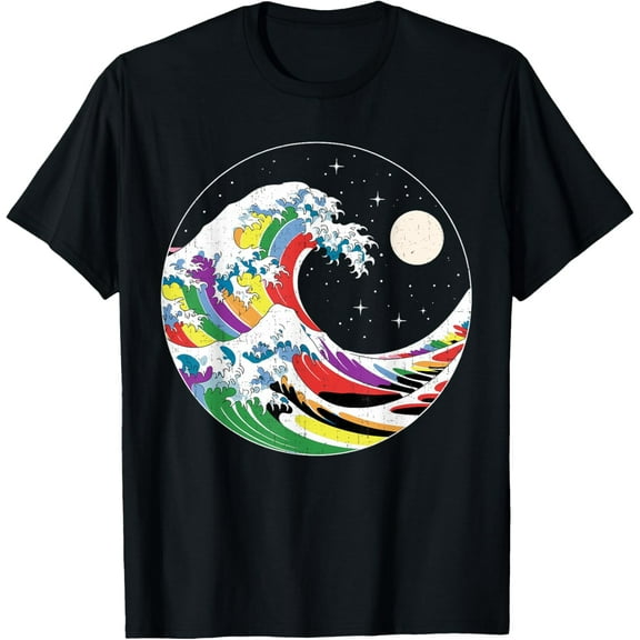 LGBTQ Pride Wave in Japanese Style Under Starry Night Moon T-Shirt Tops Tee