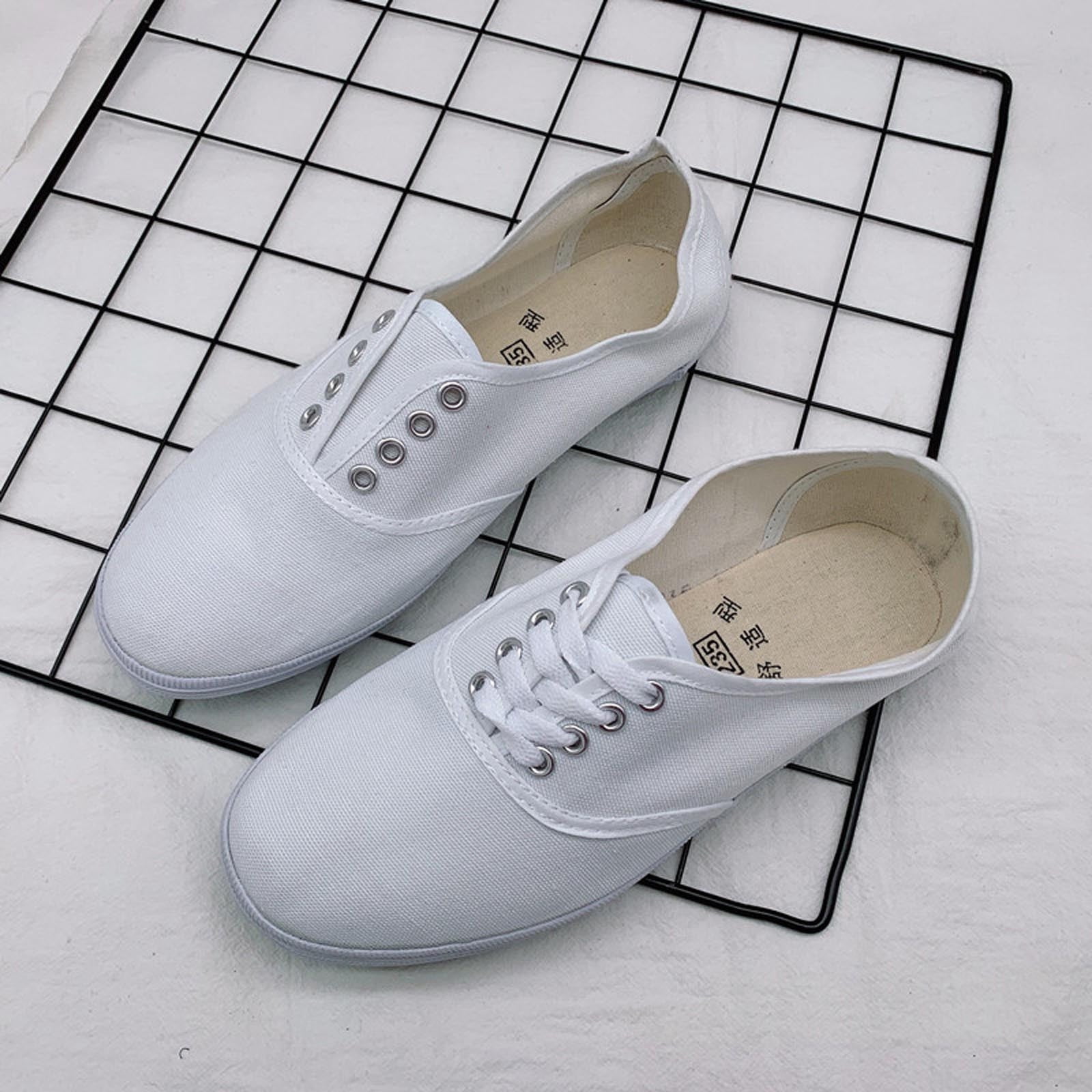 Womens White Canvas Sneakers Low Top Lace-up Canvas Shoes Lightweight Casual Tennis Shoes