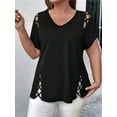 thumbnail image 3 of Womens Short Sleeve Tunic Tops Cut Out V Neck Dressy Casual Loose Fit Long Tops Black L, 3 of 5