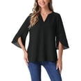 thumbnail image 1 of Blusa de malla con cuello en V y mangas 3/4 de INSPIRE CHIC para mujer, 1 of 6