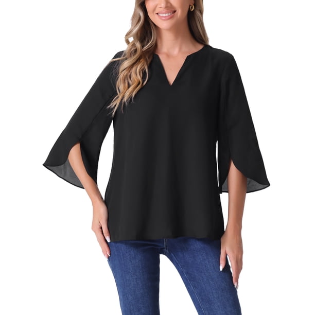 Blusa de malla con cuello en V y mangas 3/4 de INSPIRE CHIC para mujer