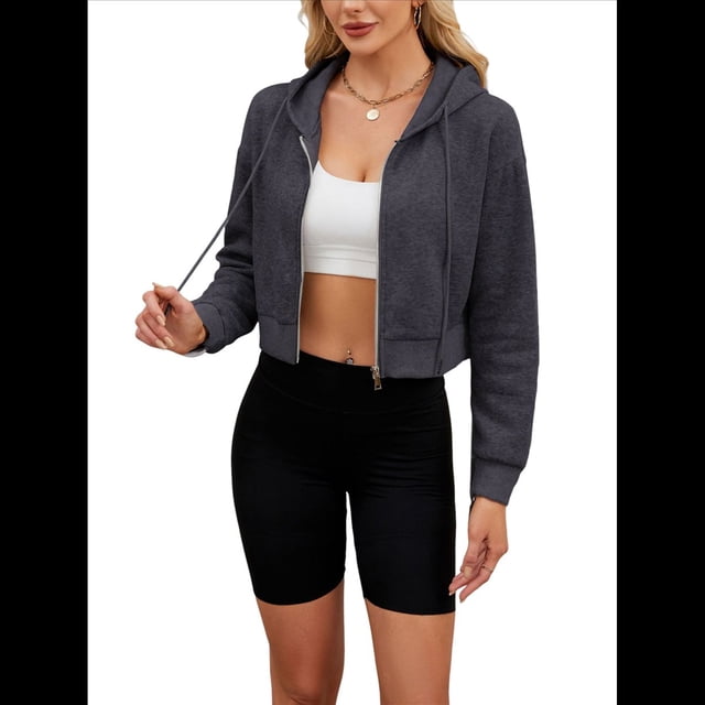 Sudadera con Capucha y Cremallera para Mujer, Cárdigan Corto, Sudadera con Capucha y Cordón, Top Informal de Larga. Gris Oscuro M