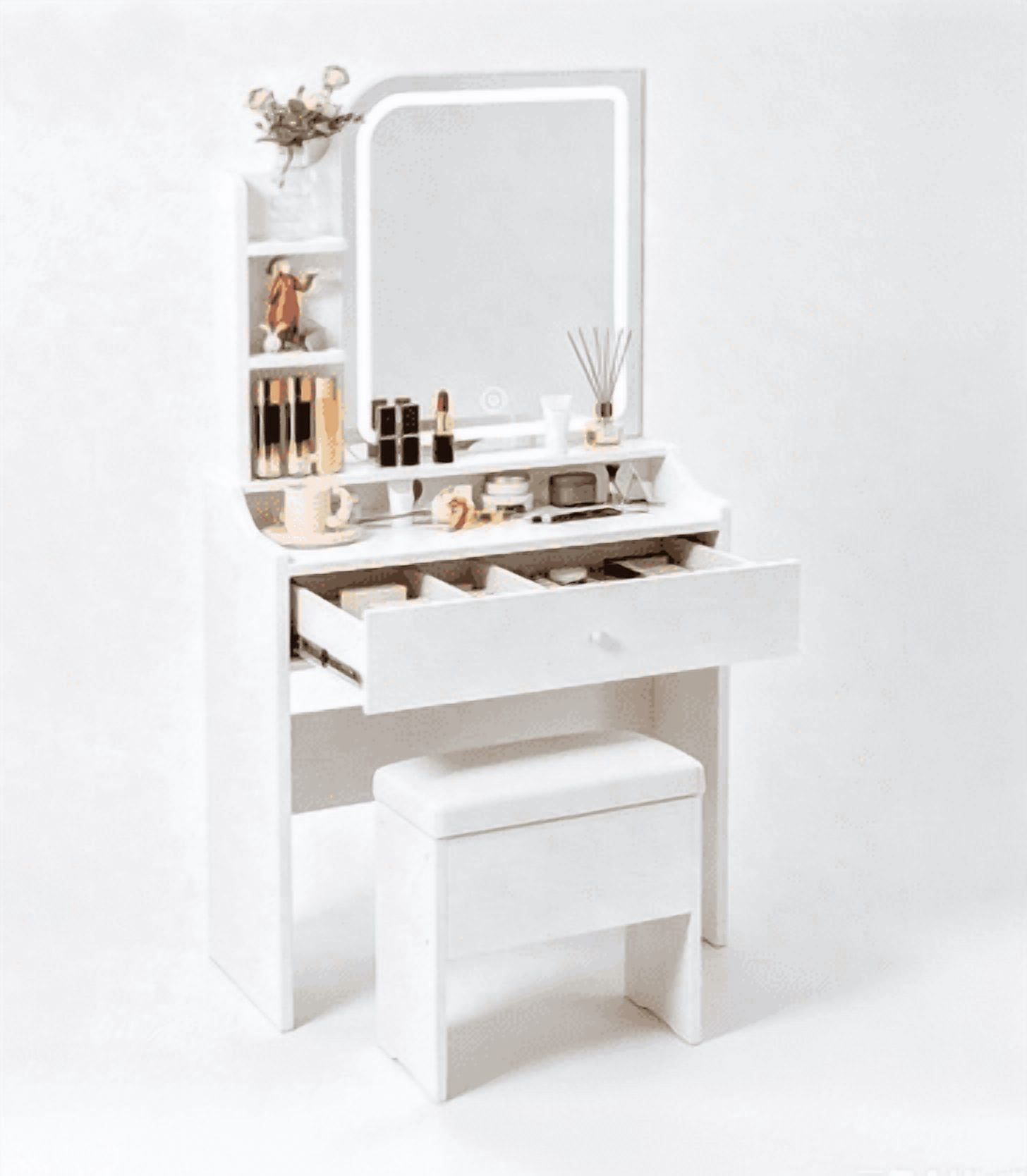 White vanity set includes smart LED mirror, women's bedroom makeup table with storage; suitable for bedrooms, living rooms, dormitories, etc.