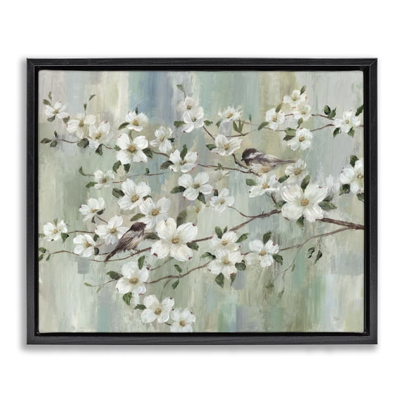 Stupell Industries Transitional Delicate Cherry Blossom Flowers Perched Birds Classic Black Floating Frame Canvas Art, 21 x 17, by Nan