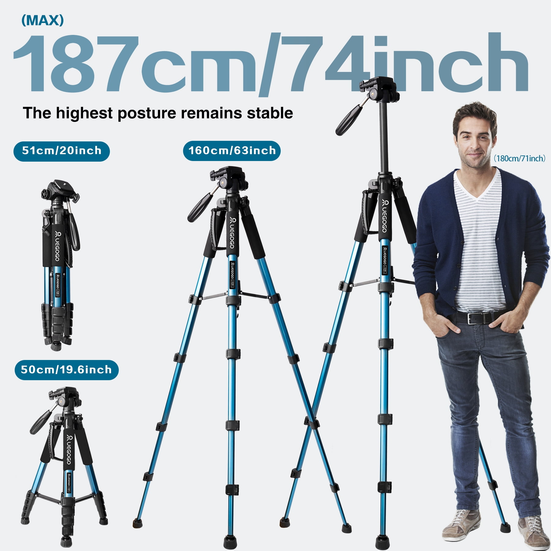 UEGOGO 74-inch camera tripod with travel bag, expandable camera tripod, T-phone stand + quick mounting pad, mobile phone live stand tripod removable pylon camera tripod