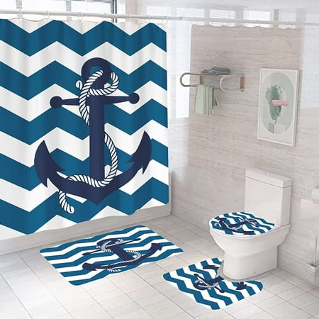 4pcs Navy Blue Anchor Shower Curtain Set With Non Slip Rugs And Toilet Lid Cover White - Navy Blue Toilet Seat Cover Set