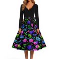 thumbnail image 4 of Women's Halloween Dress Pumpkin 1950s Long Sleeve Cute Tea Length Dress Spider Cocktail V-Neck Scary Swing Dress with Belt L, 4 of 5