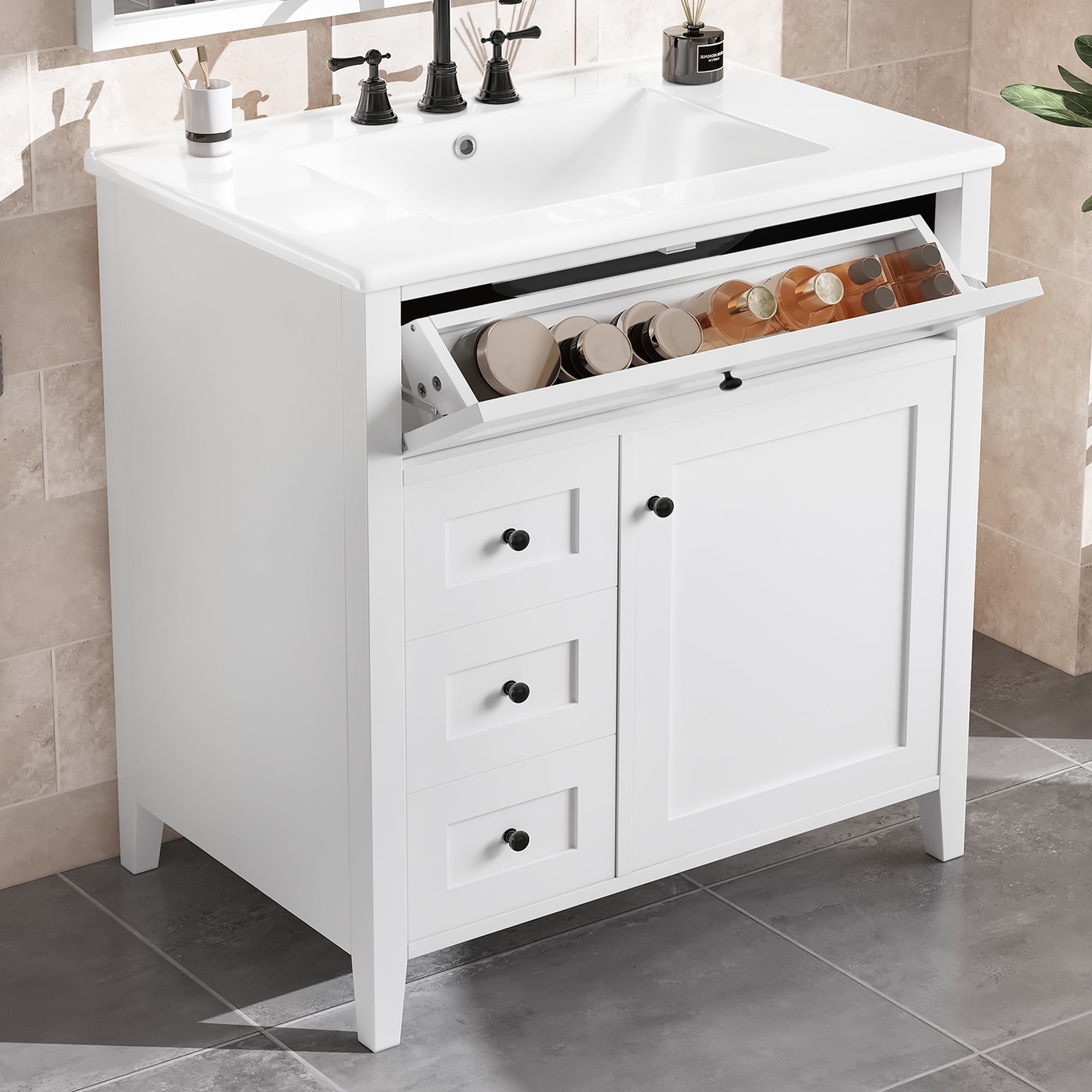 Euroco 30-Inch White Bathroom Vanity with Sink, Modern MDF and Rubberwood Cabinet with 3 Drawers and Adjustable Shelf, Freestanding Vanity for Bathroom Storage and Organization