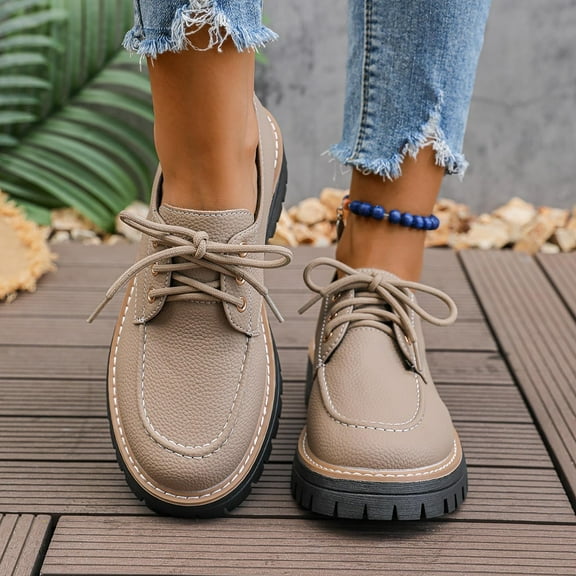 Womens Beige Vintage Platform Derby Shoes, Lace-Up PU Faux Leather Chunky Sole Comfortable Retro Casual Shoes US 5.5-9.5,Size 40