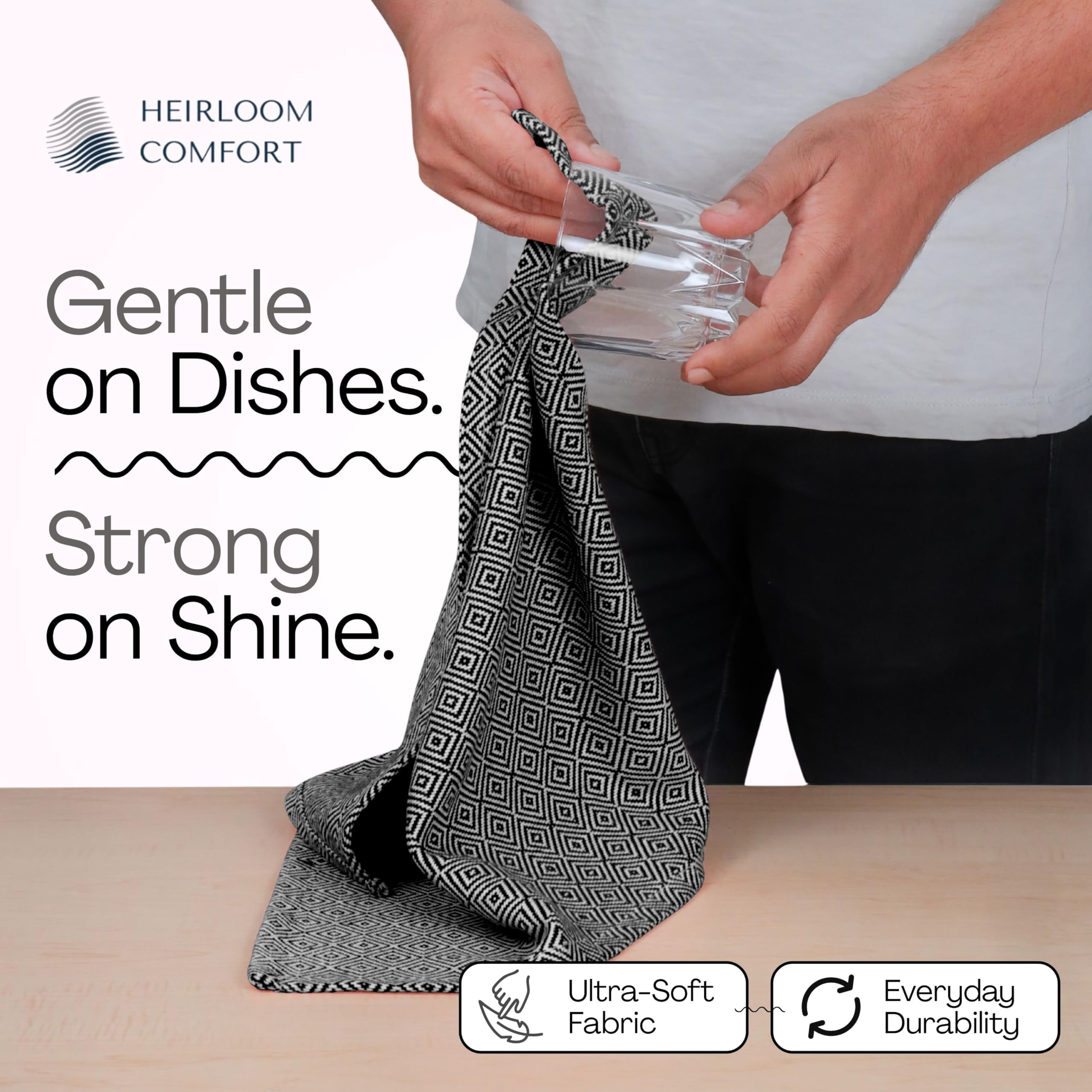 HEIRLOOM COMFORT Black Kitchen Towels, 5 Pack, 100% Cotton, 16"x26", Super Absorbent and Quick Dry, Diamond Design Towel Set, Reusable, Durable Dish Cloths for Kitchen Use, Cleaning & Drying Dishes