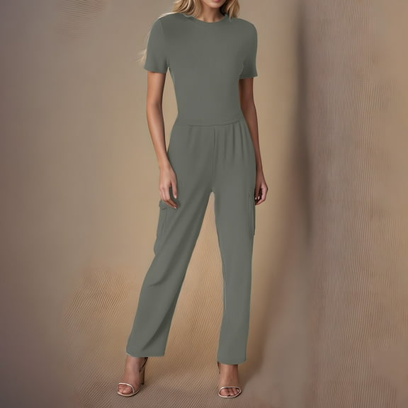 Mqqzkk 2 Piece Sets for Women Casual Slim Fits Summer Travel Vacation Outfits Short Sleeve Wide Leg Business Pants Lounge Sets