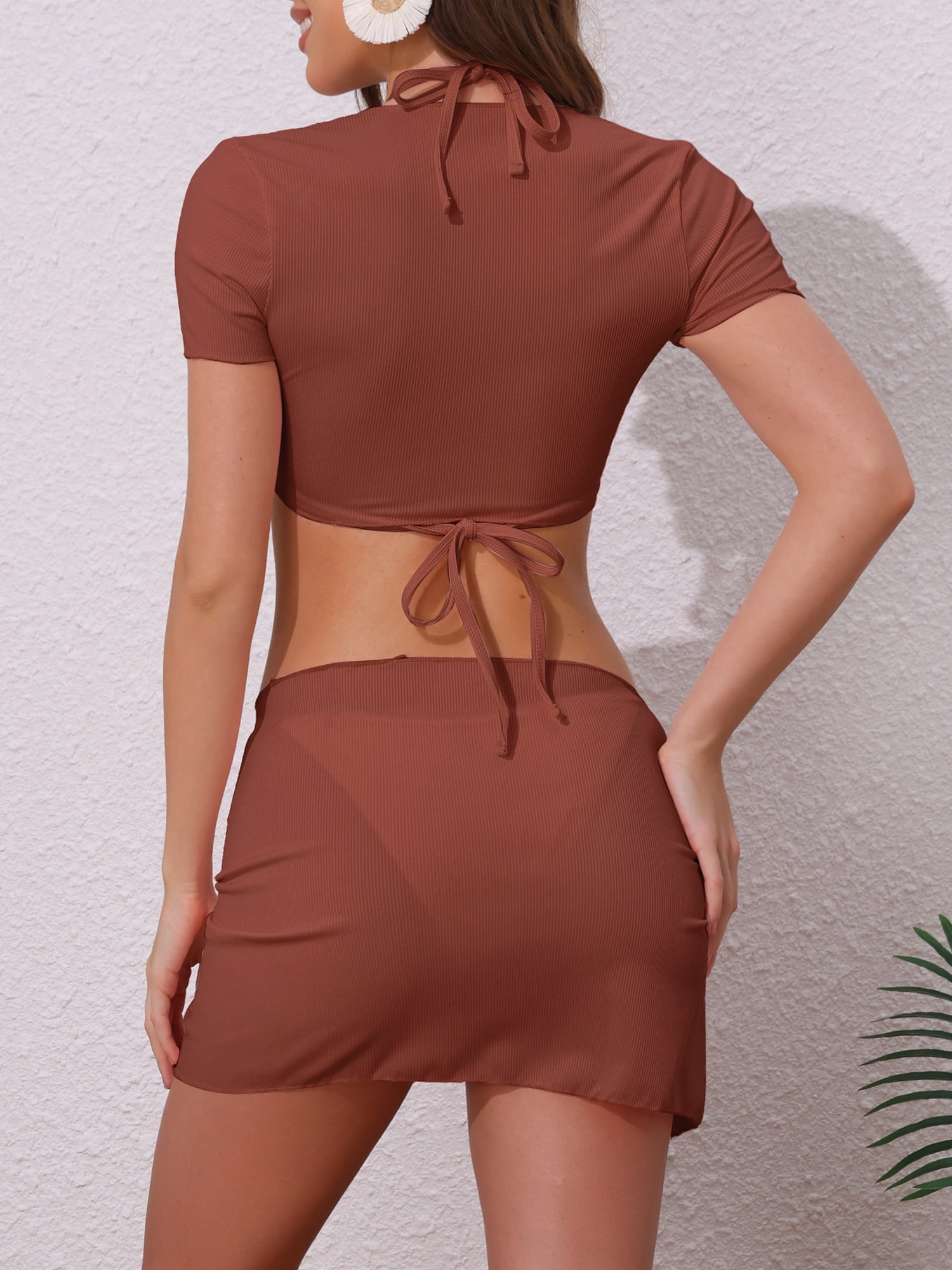 DARING DIVA Women's 4 Piece Tie Knot Halter Ribbed Bikini Sets L Red Brown