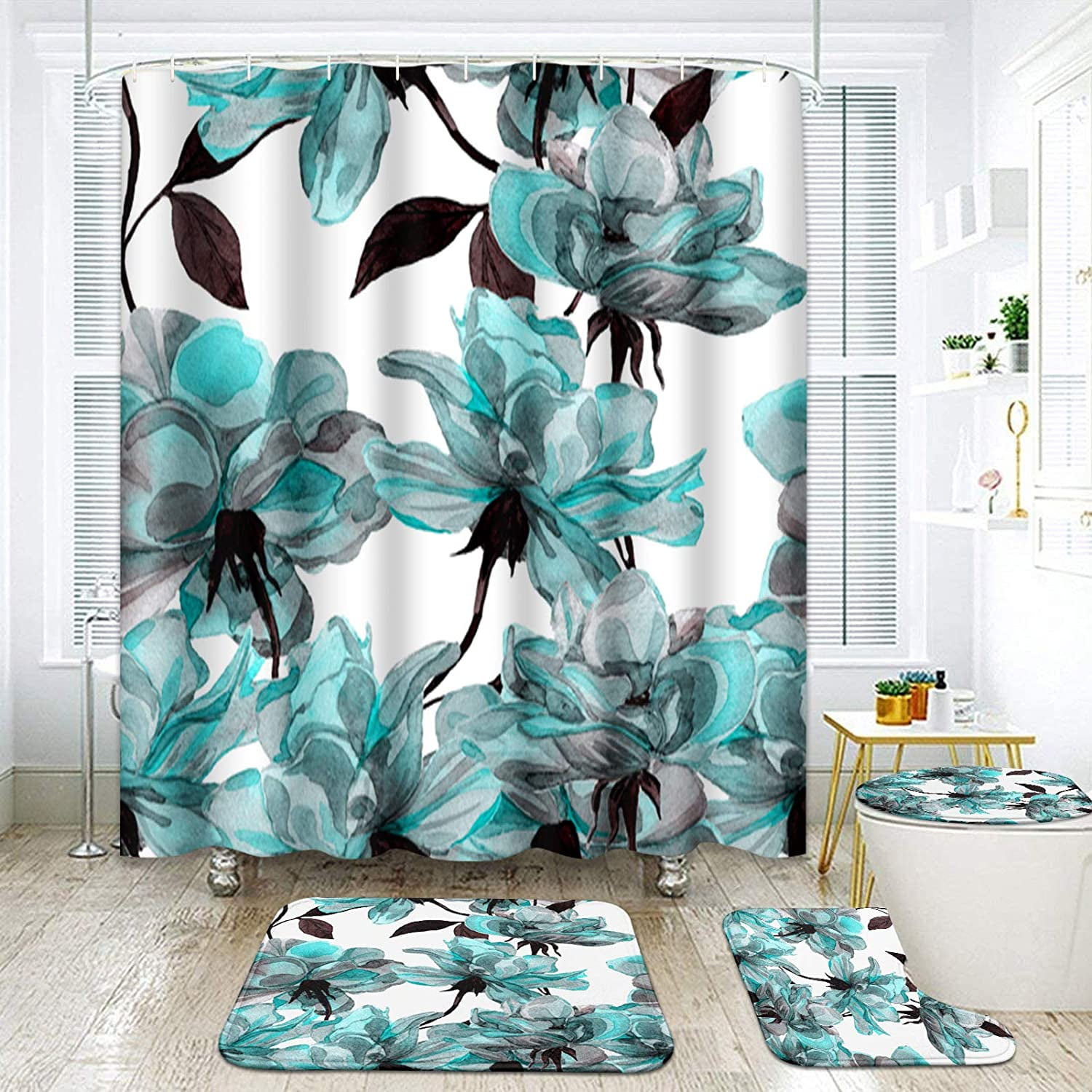 Details about   Floral Shower Curtain Bathroom Rug Set Thick Bath Mat Non-Slip Toilet Lid Cover 