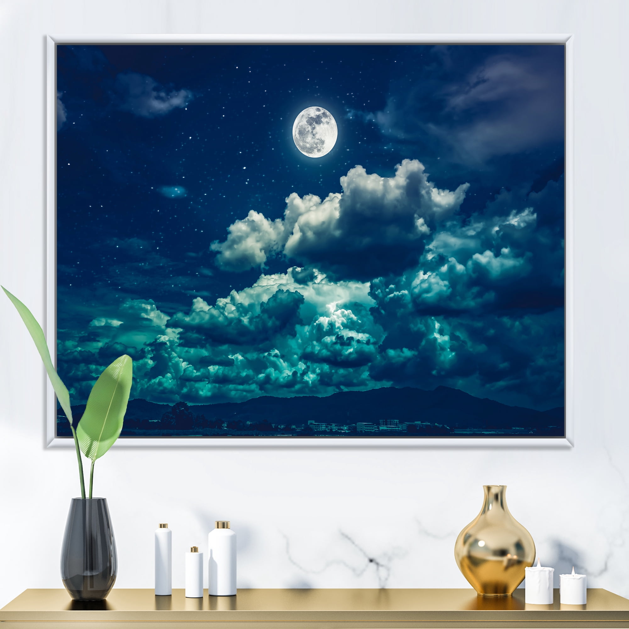 Designart 'Full Moon Night in Cloudy Sky II' Nautical & Coastal Framed Canvas Wall Art Print