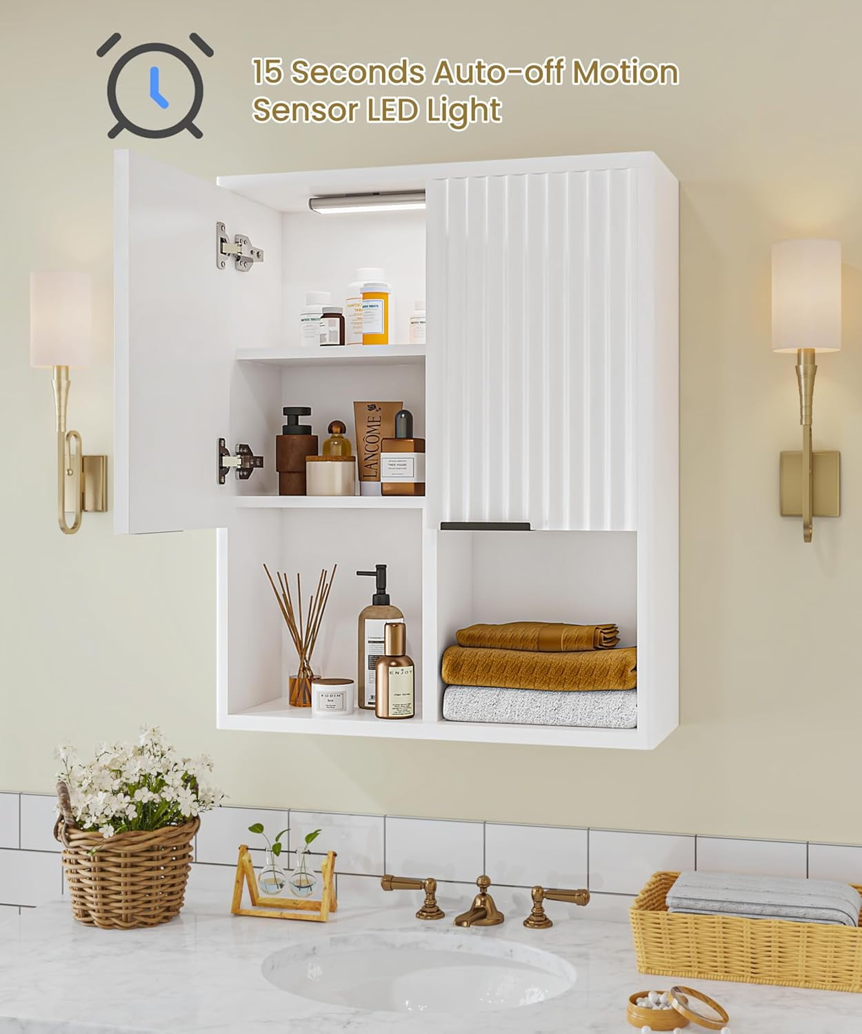 NEW Decorative Wall Cabinet with Motion Sensor LED and Adjustable Shelf for Bathroom ,Kitchen,Study (White)