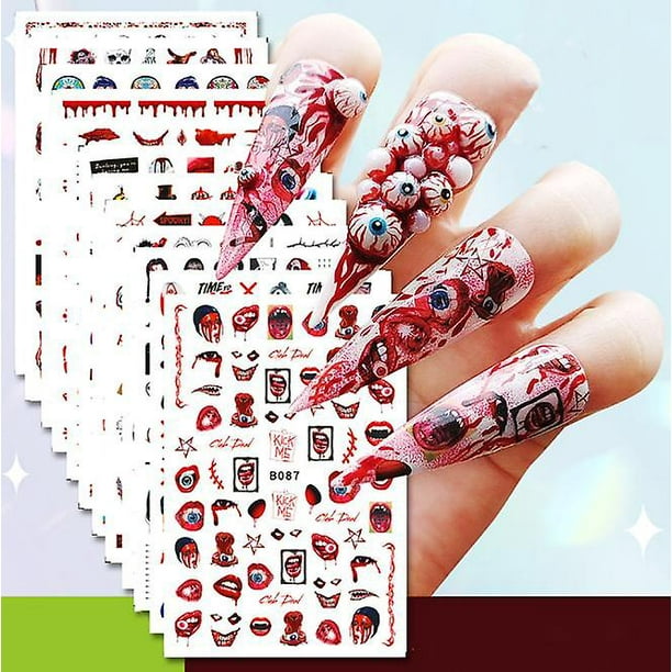 12 hojas de pegatinas de esmalte de uñas de Halloween con envolturas completas y 1 lima de uñas, pegatinas de uñas de Halloween aterradoras con manos ensangrentadas, labios, ojos y calaveras