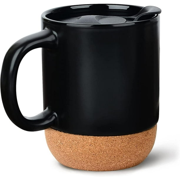 Taza de café negra YONGSHENG con corcho antiderrames 12 onzas con asa cerámica mate
