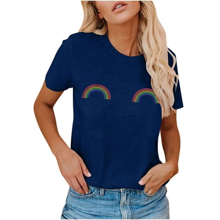

Women Summer Round Neck Tshirt Top Trendy Casual Cute Rainbow Loose Fit Tunic Tee Short Sleeve Plus Size Workout Blouse