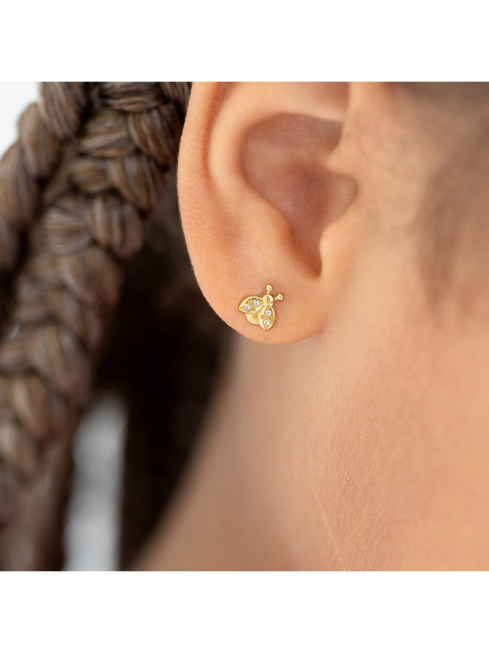14k Gold Ladybug Clear CZ Kids / Children's / Girls Earrings Safety Screw Back