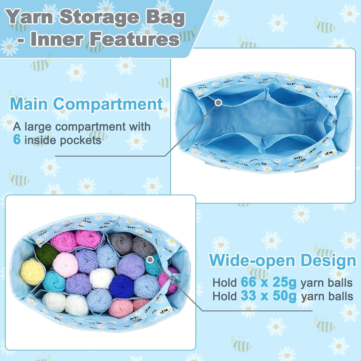 Yarn Storage Organizer Travel Crochet Bag, Large Capacity Tote Bag Knitting Bag for Carrying Projects, Knitting , Crochet Hooks and Yarn, Blue Floral and Bees