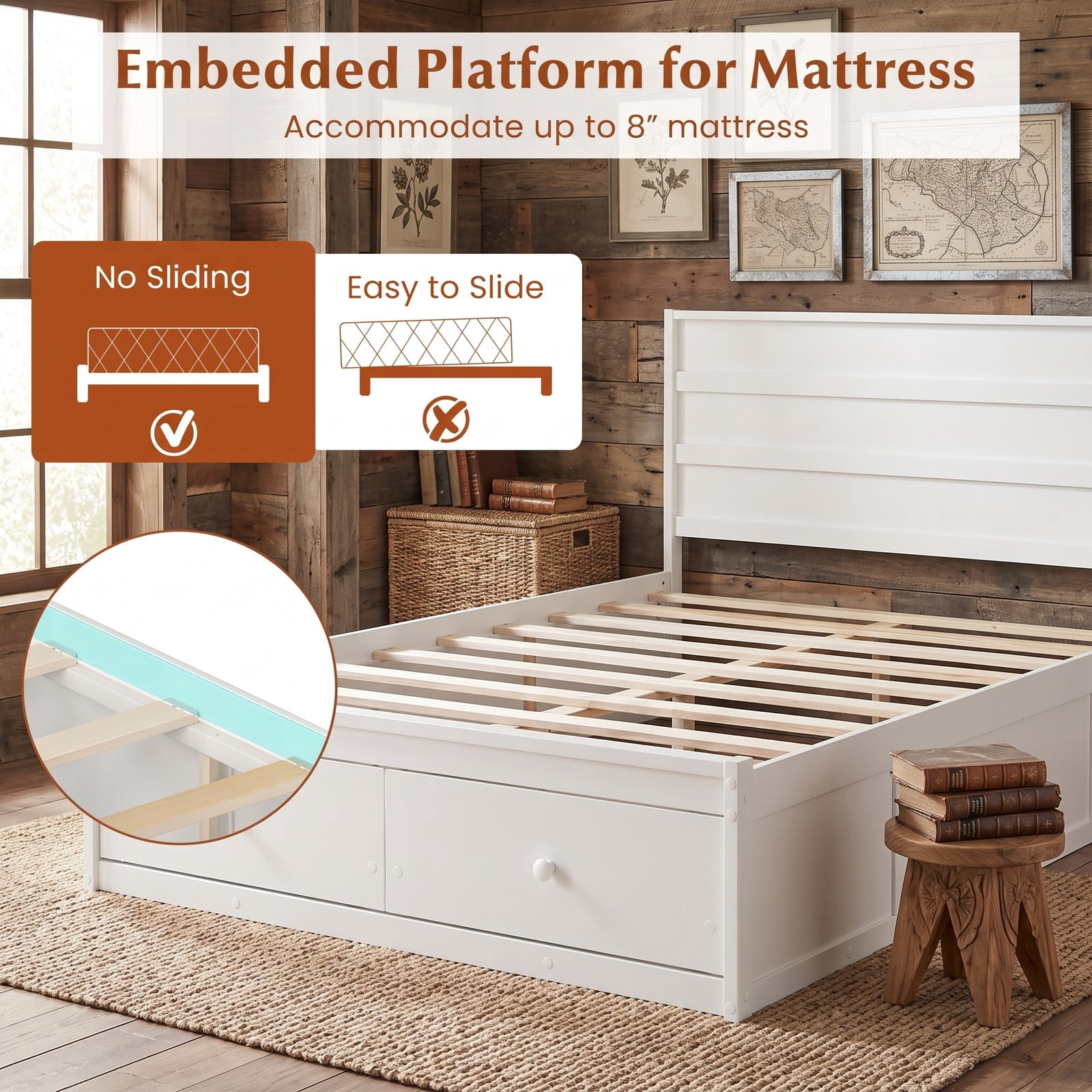 Furnibear Full Size Bed Frame with 2 Storage Drawers, Wood Platform Bed Frame with Plank Headboard for Bedroom and Guest Room, White
