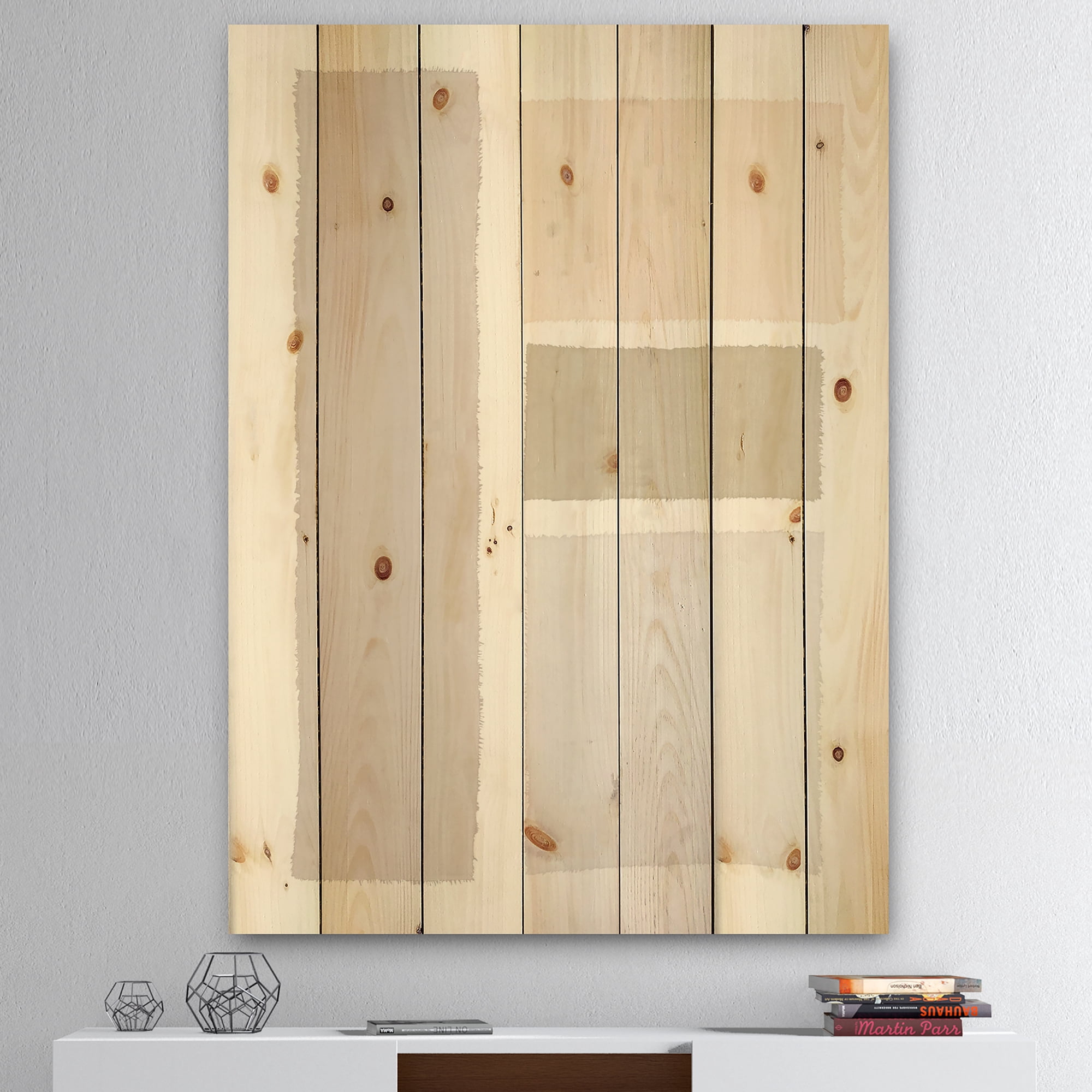 Designart 'Painted Simple Form Neutral on White' Modern Geometric Print on Natural Pine Wood