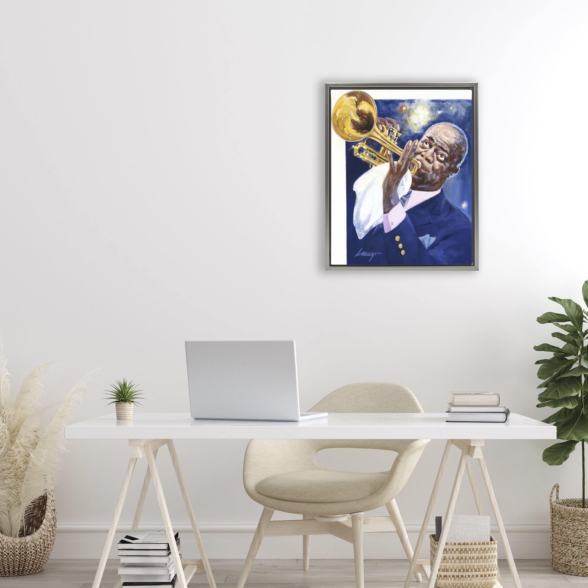 Louis Armstrong Portrait Gray Framed Floater Canvas Wall Art, design by Wind River Studios