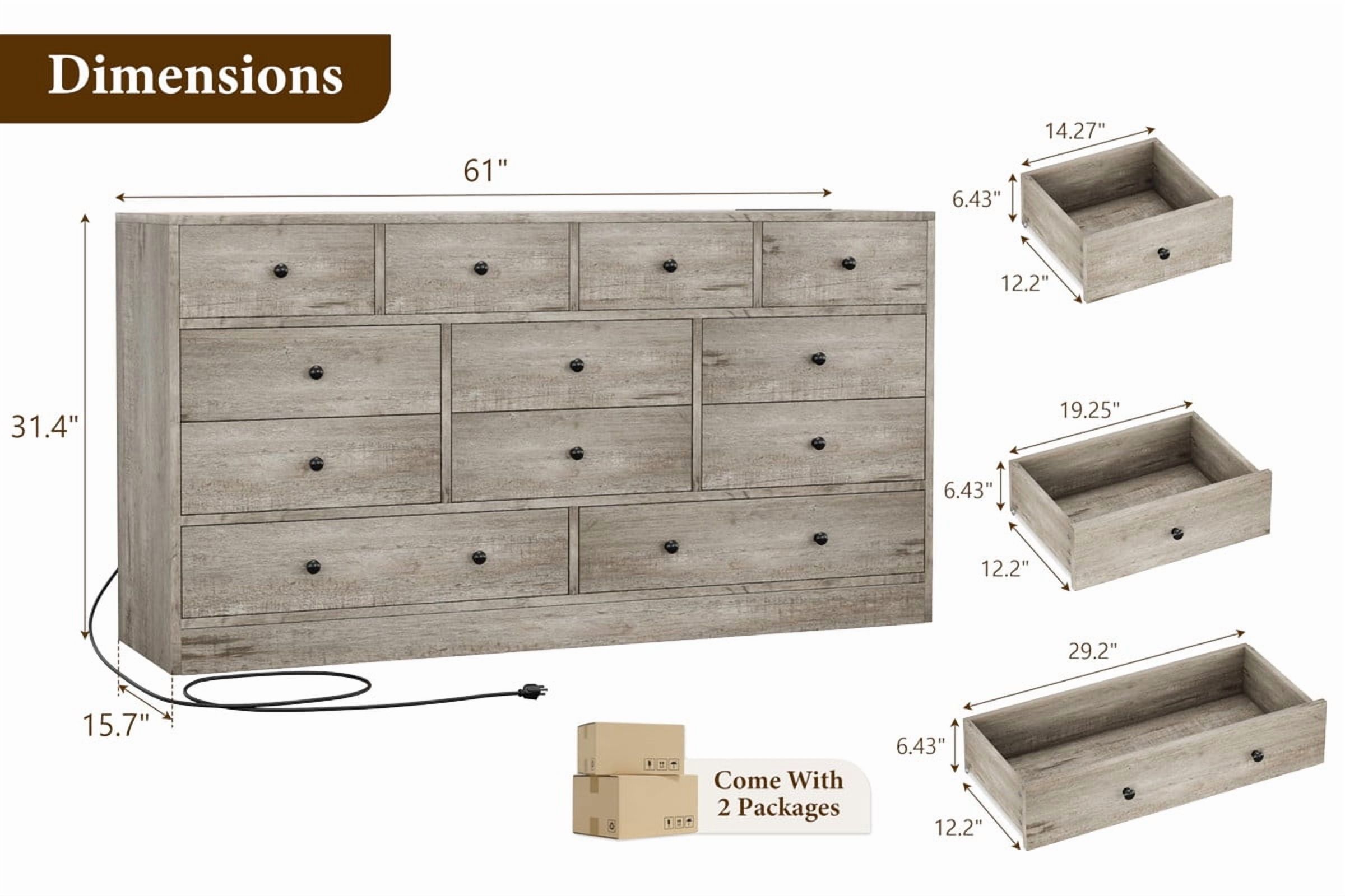 Towallmark Dresser for Bedroom,12 Drawer Dressers & Chests of Drawers, Wood Storage Drawer Dresser with Power Outlet, 61 Inch