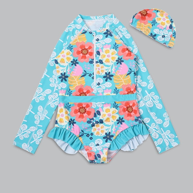 XDZJLR Girls Swimsuit Infant Baby Long Sleeve Floral Printed Ruffles Rash Guard Shirts Swimwear Light Blue 4-5 Years