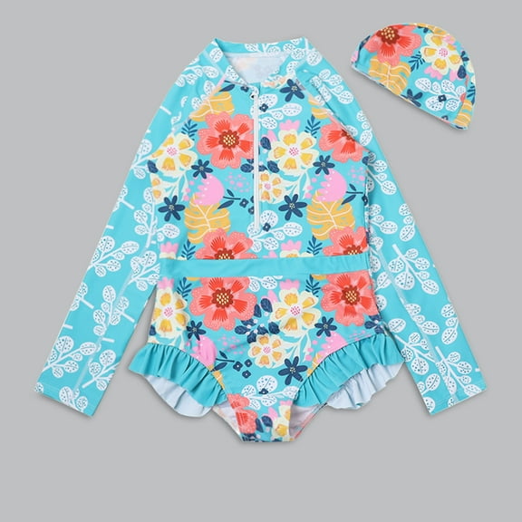 YUANZI Kids Swimsuits Baby Girls Long Sleeve Floral Printed Ruffles Swimsuit Rash Guard Shirts Bathing Suit