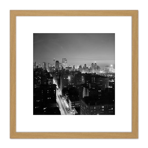 Gottscho New York Madison Avenue Night 1937 Photo 8X8 Inch Square Wooden Framed Wall Art Print Picture with Mount