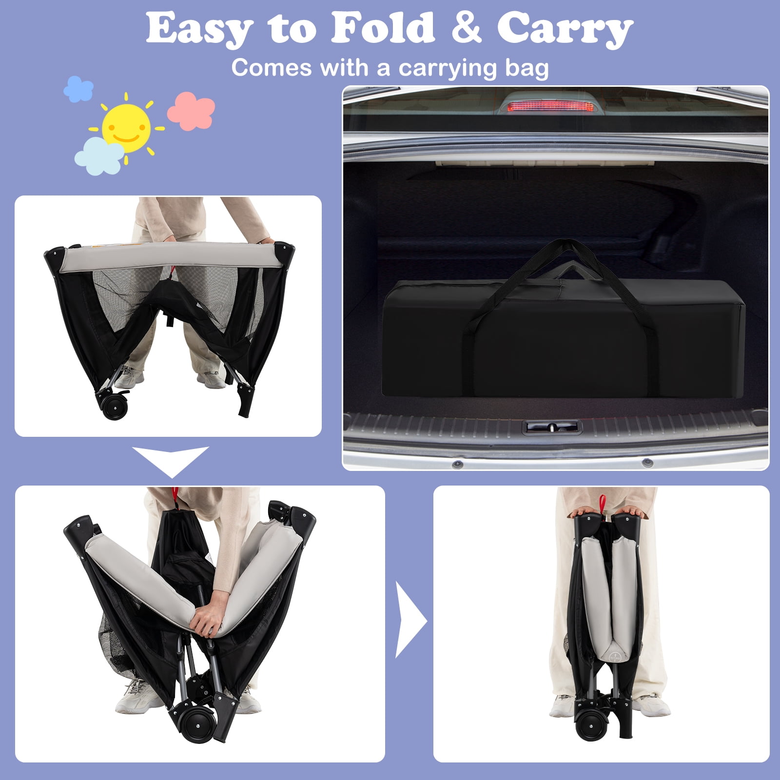 INFANS 3 in 1 Pack and Play, Portable Travel Baby Crib Bassinet with Detachable Mattress, Newborn Changing Table, Foldable Playpen with Carry Bag and 2 Wheels