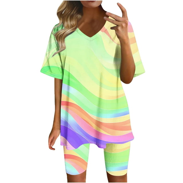 Blouses pour Femmes, Mode Imprimée Blouse Col en V Manches Courtes Hauts Shorts Ensemble Décontracté