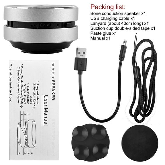 Humbird Bluetooth Speaker TWS Wireless Bone Conduction Bass FM Radio Loud Stereo Silver