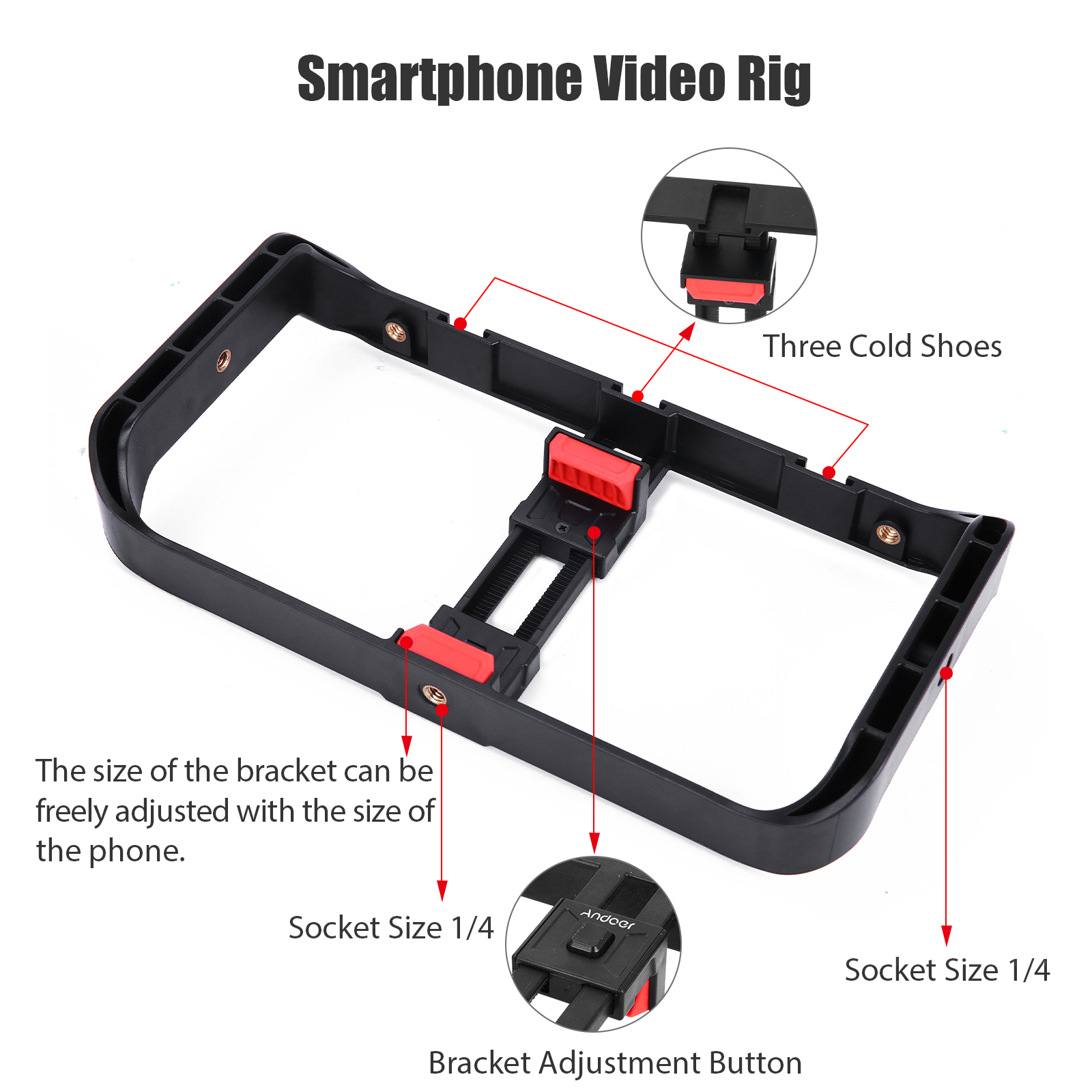 Andoer Portable Smartphone Video Rig Handheld Phone Stabilizer Grip Filmmaking Smartphone Cage with Phone Holder 3 Cold Shoe Mounts 14 Inch Screw Holes Replacement for 1212 Pro/ 12 Pro Max1 - image 4 of 7