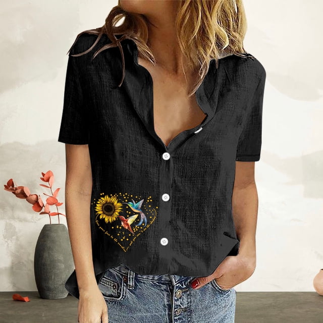 Mefallenssiah Femmes Imprimer Manches Courtes Bouton en Vrac Col Rabattu Chemise Blouse Solide tops