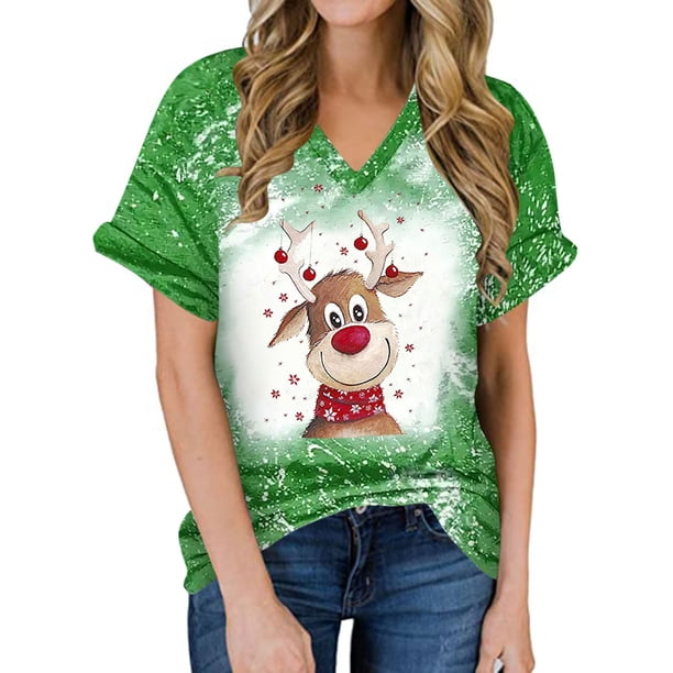 Camisetas de manga corta con cuello en V de alce de Navidad sueltas casuales para mujer Tops de mujer para hombre Pompotops hkajfhjk473265