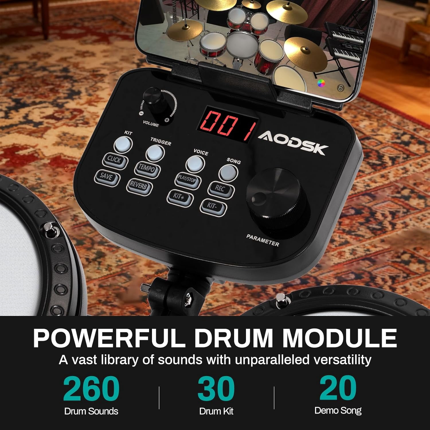 AODSK Electronic Drum Set 403PRO, Quiet Mesh Pads, 260 Sounds, 30 Kits, 20 Songs, with Sticks, Headphones, Throne, for Beginner