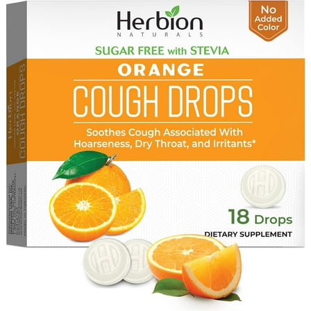Herbion Naturals Cough Drops with Natural Orange Flavor, Sugar-Free with Stevia, Dietary Supplement, Soothes Cough, For Adults and Children over 6 years, 18 Drops, No Artificial Flavor, No Added Color