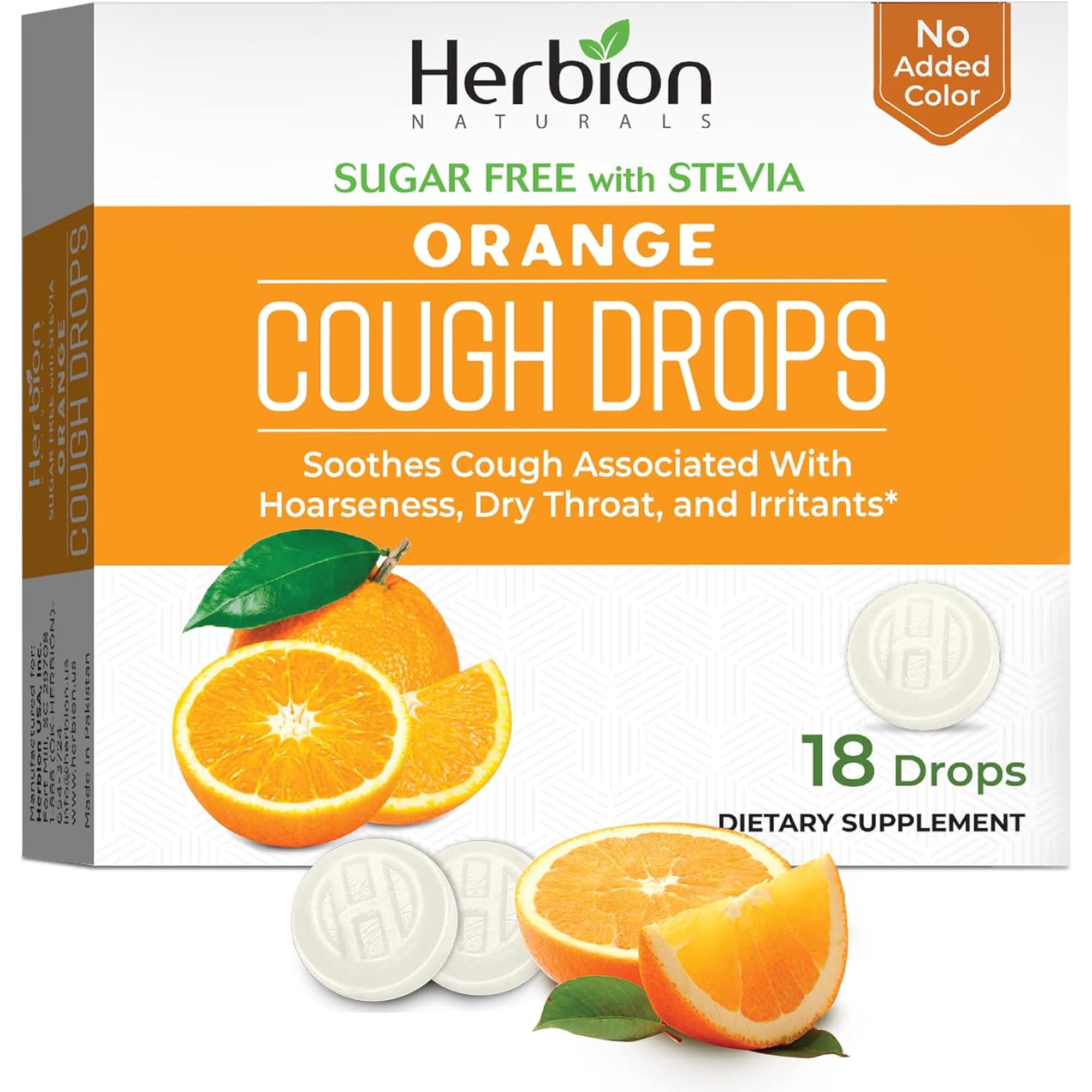 Herbion Naturals Cough Drops with Natural Orange Flavor, Sugar-Free with Stevia, Dietary Supplement, Soothes Cough, For Adults and Children over 6 years, 18 Drops, No Artificial Flavor, No Added Color