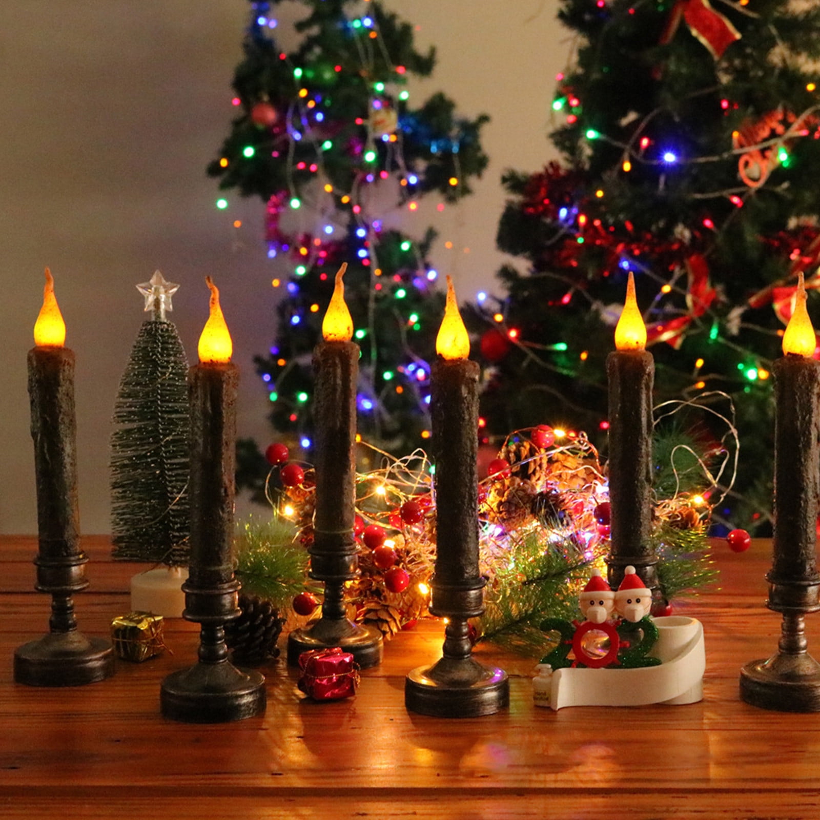Kmdttou Outdoor Decorations Lights Taper Primitive Candles 6pcs Real Wax Hand Dipped Battery Operated Flameless Candles For Christmas Halloween Home Decor Church