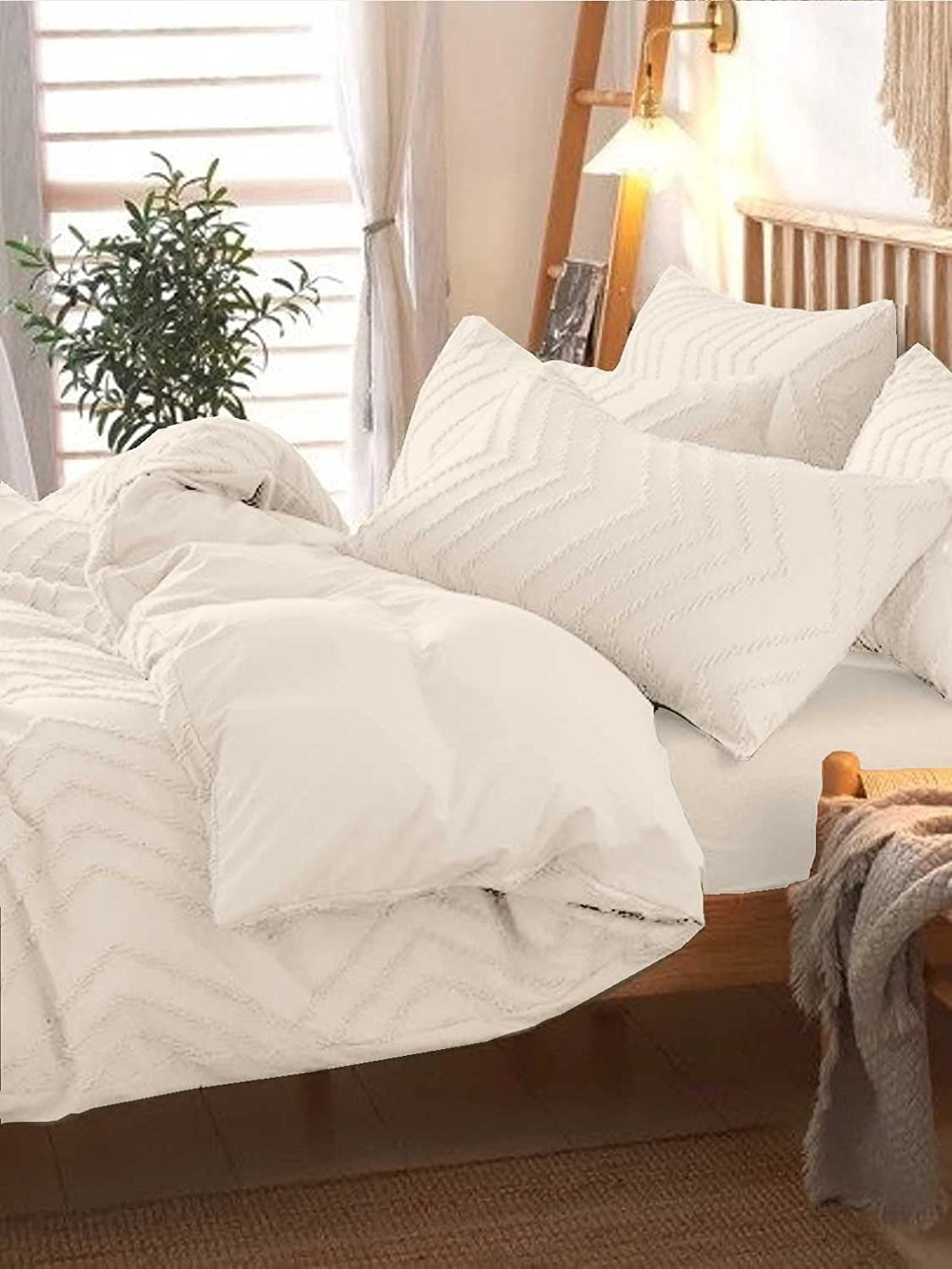 Seasonwood Queen Duvet Cover Beige Tufted Jacquard Microfiber Bedding Set 3pcs 90" x 90"