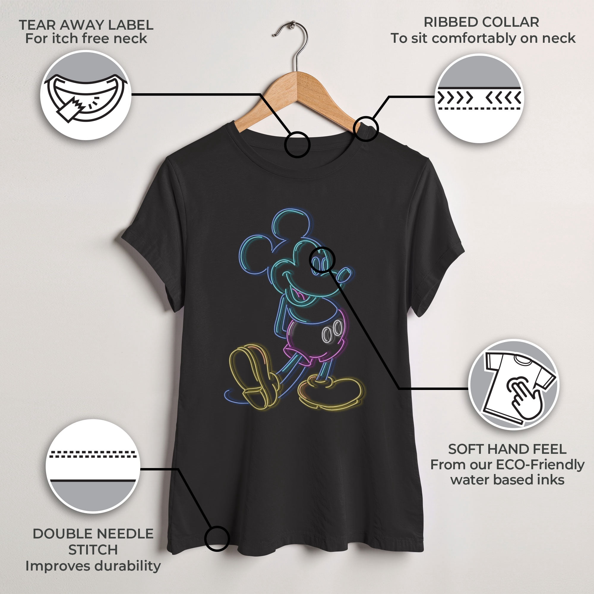 Women's Mickey & Friends Bright Neon Mickey Mouse Outline Graphic Tee Black Medium