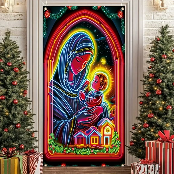 ToyKingdee Fluorescent Christmas Door Cover Party Banner, Glow in The Dark Christmas Banner with Santa & Tree, Fluorescent Outdoor/Indoor Decorations for Front Door, Party, Wall