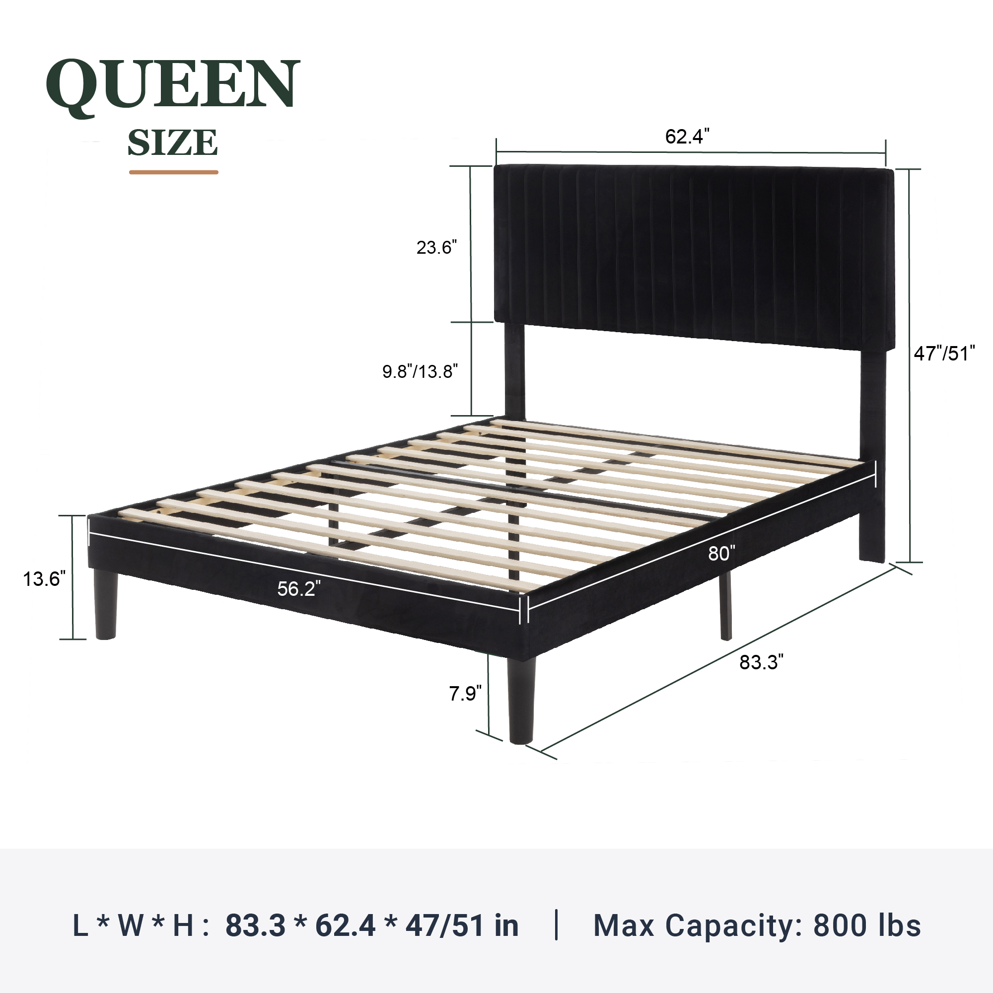 Amolife Queen Size Upholstered Platform Bed Frame with Adjustable Velvet Headboard, Black