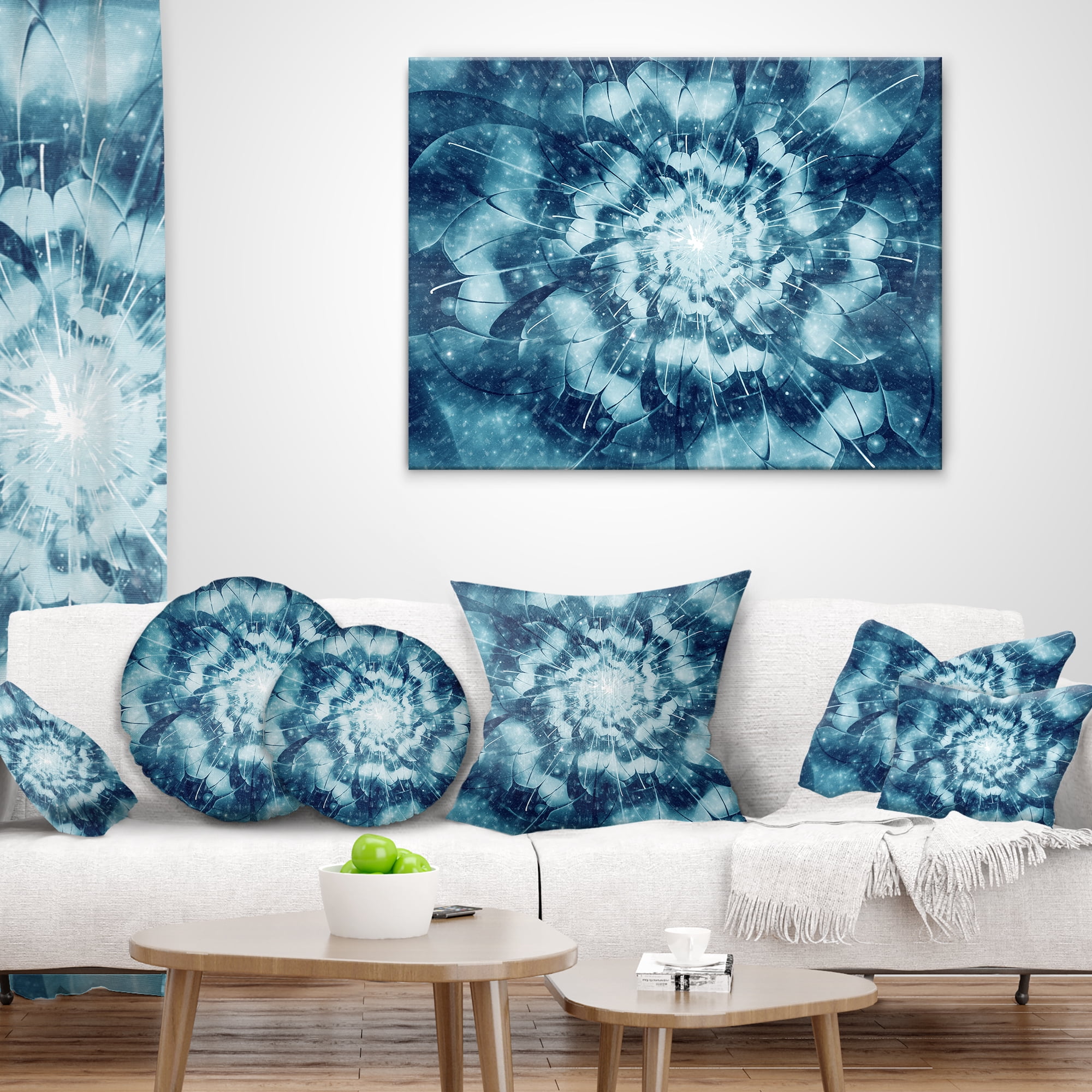 Designart Blue Snowy Fractal Flower Design - Floral Throw Pillow - 16x16