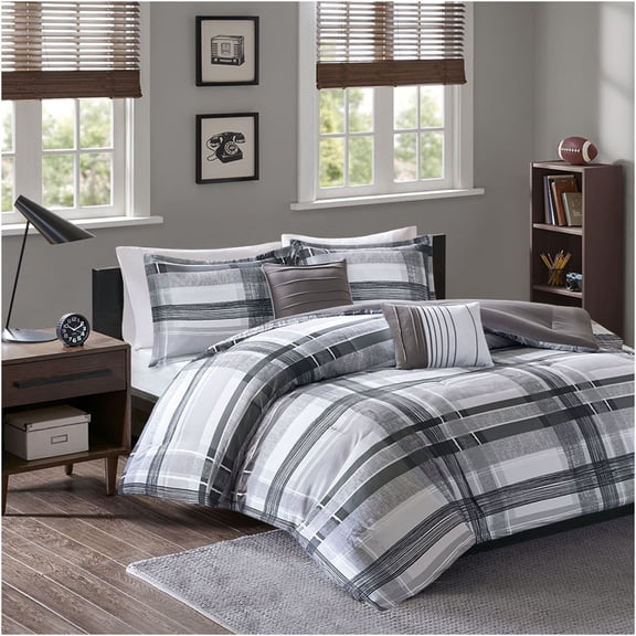 JERFIT Queen Size Comforter Set, 8-Piece Black Plaid Bedding Set with Comforter, Shams & Decorative Pillows, Ultra-Soft Microfiber, Antimicrobial, Machine Washable